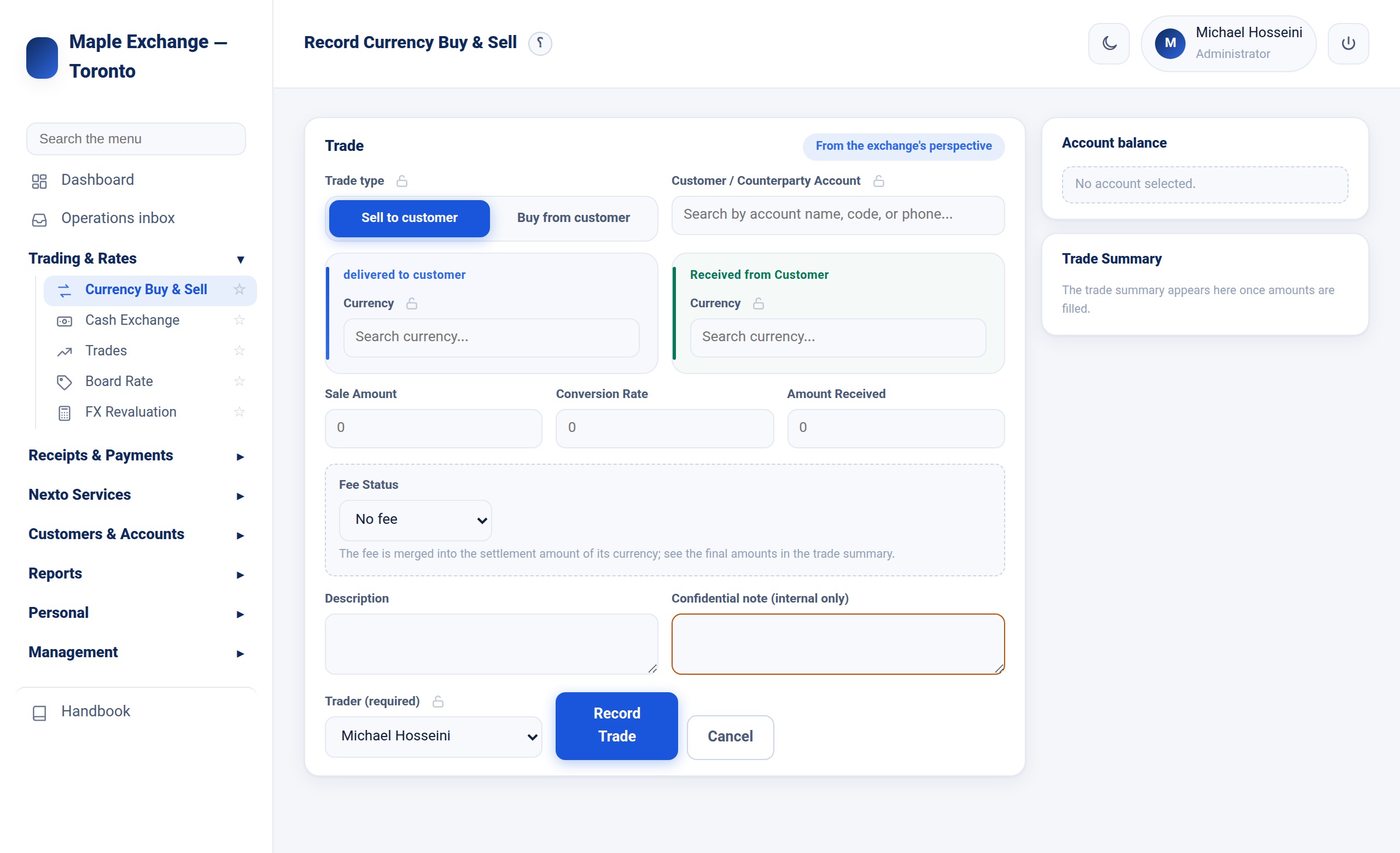 The trade entry form in Nexto