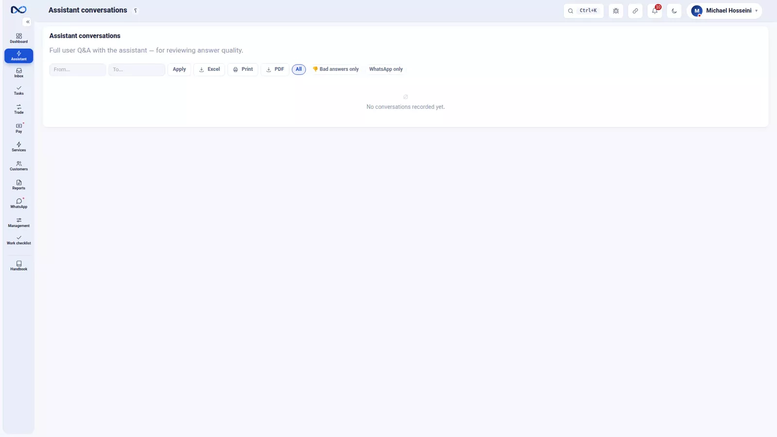 Nexto assistant conversation list showing saved threads, feedback and the cost of each question