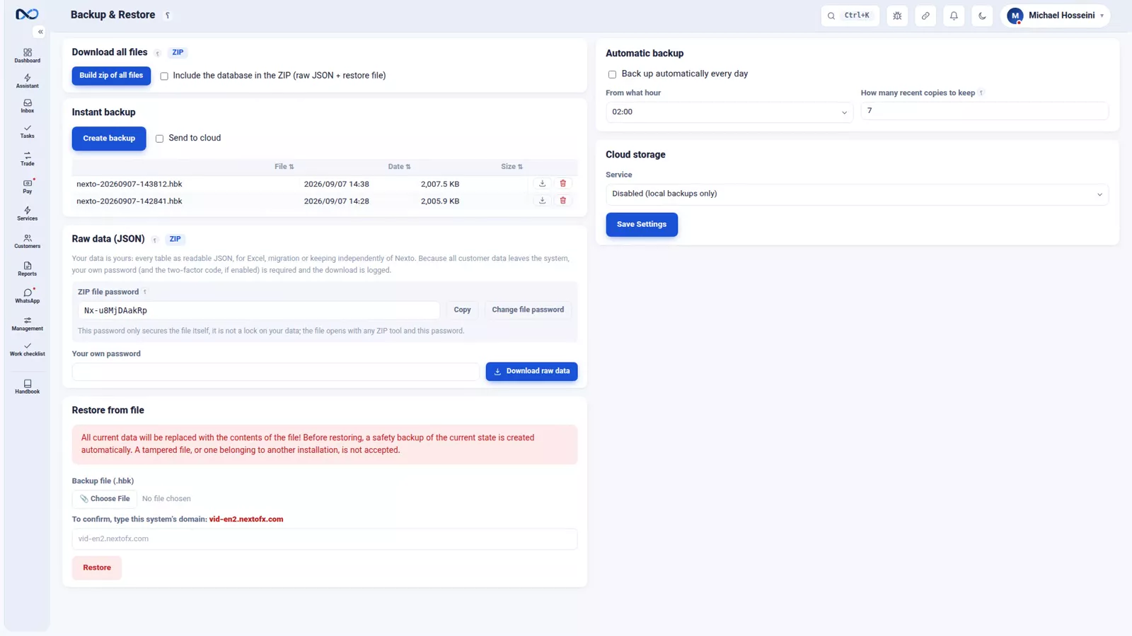 Nexto backups page listing the nightly copies with their dates and sizes