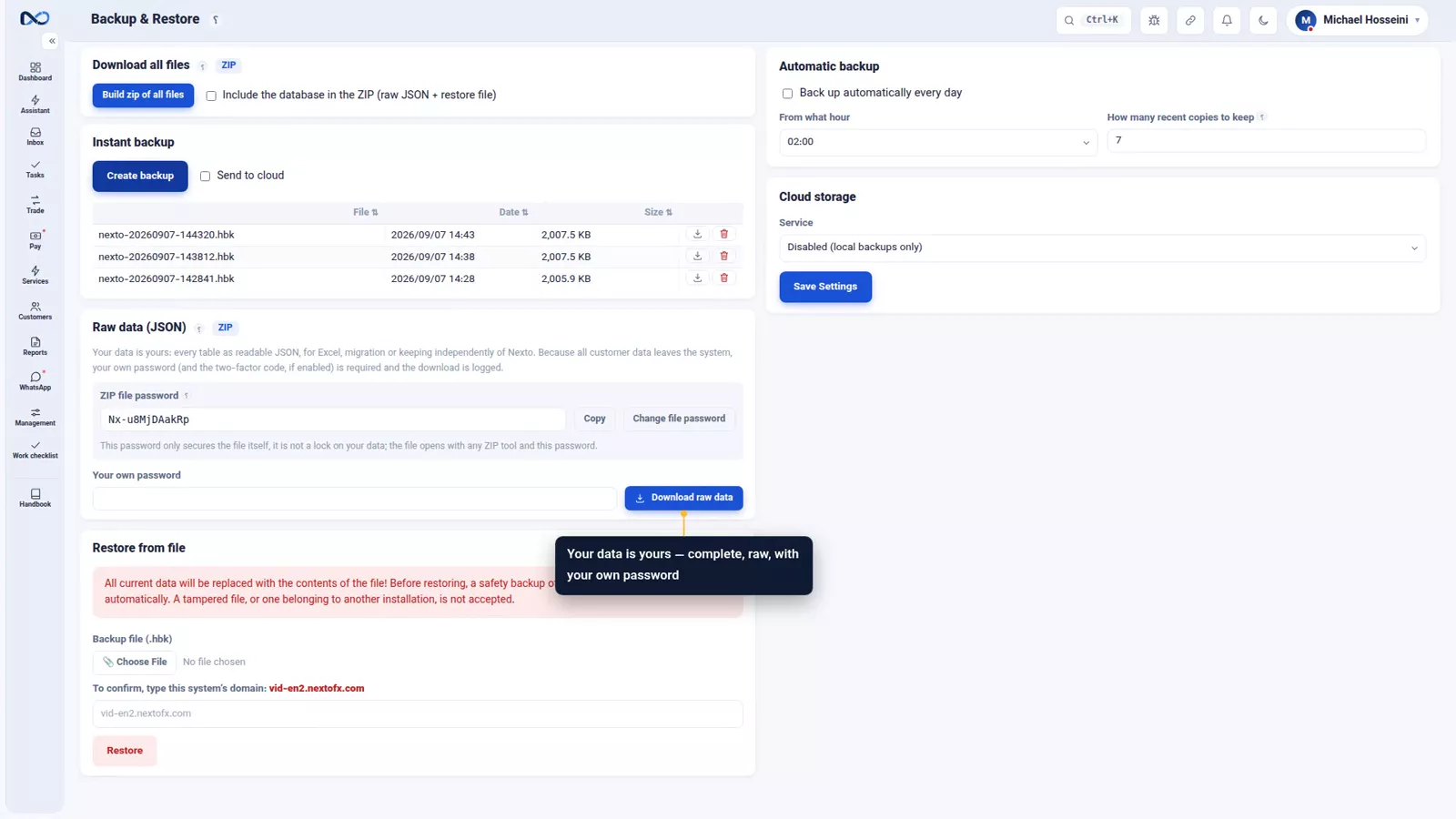 Nexto raw data card offering one complete password-protected JSON export of everything