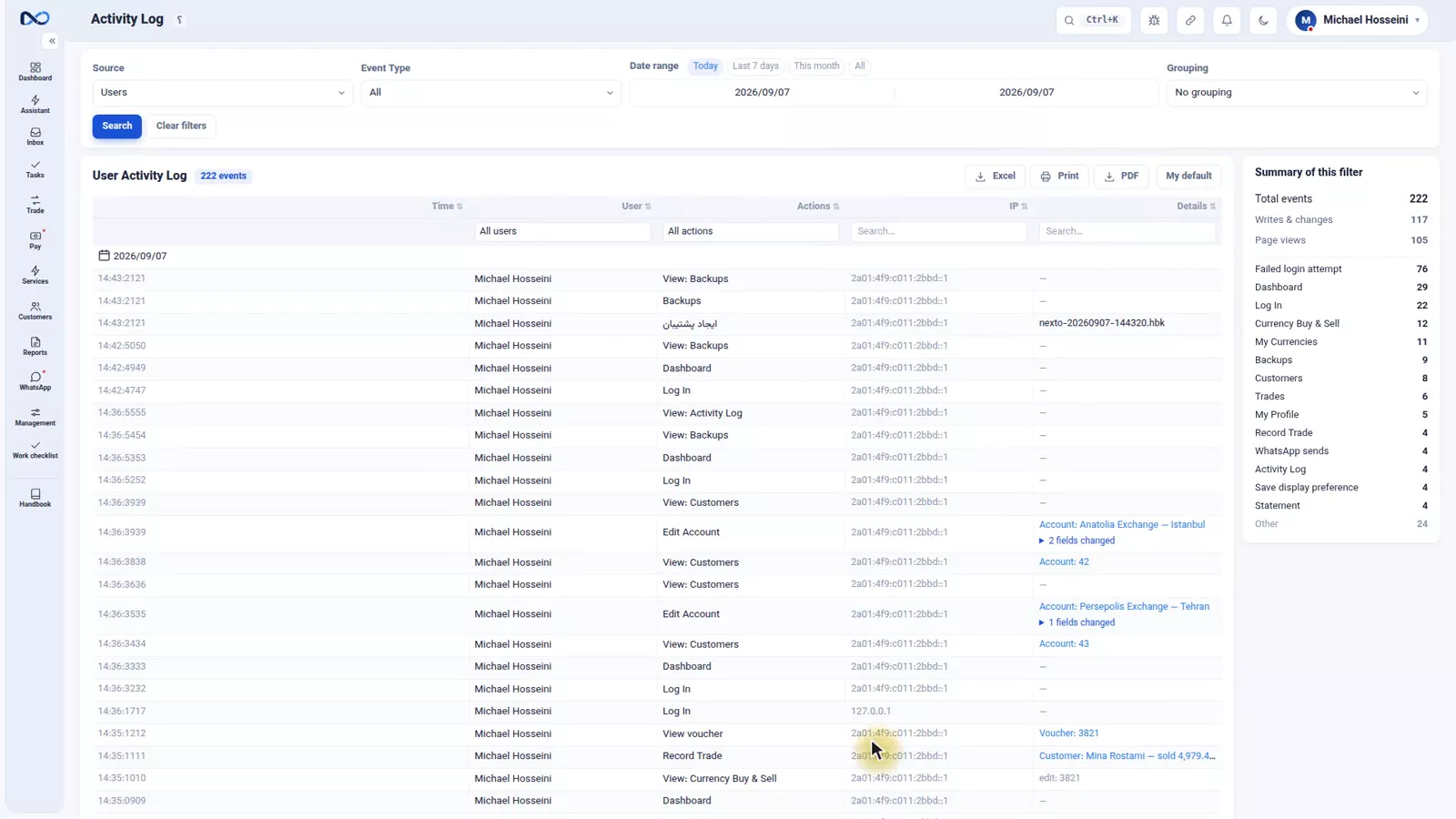 Nexto activity log showing who changed which field, with the old and new values