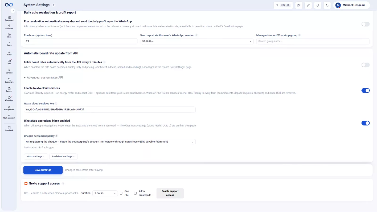 Nexto settings card granting support read-only access for a length of time you choose