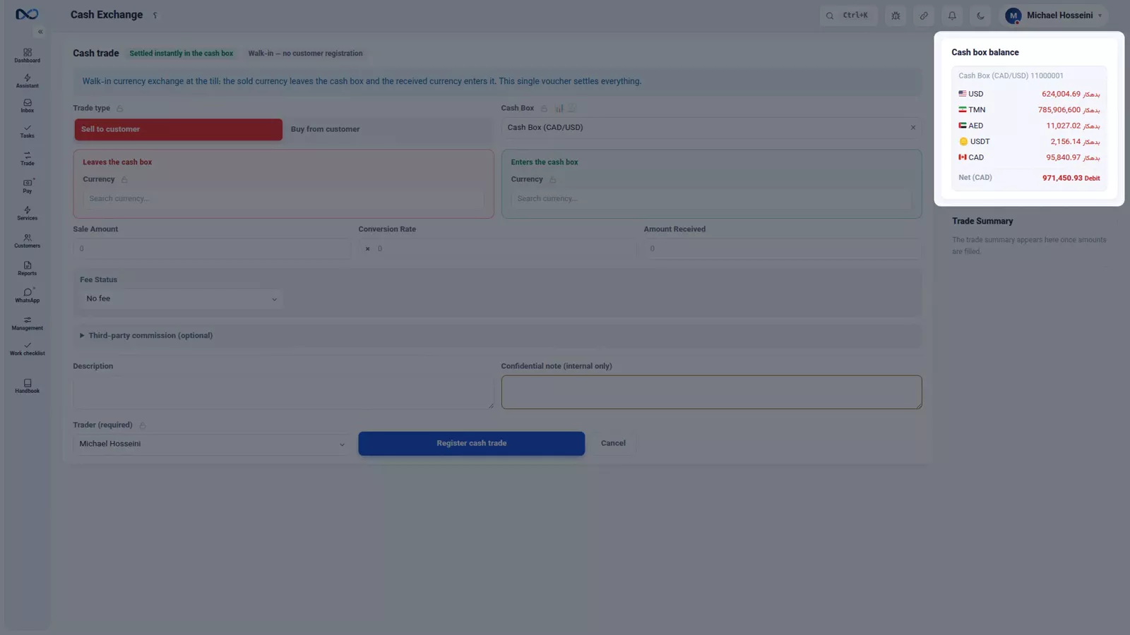 Nexto cash trade form with the cash box picked and box holdings shown beside it
