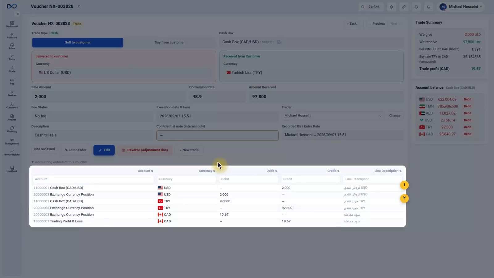 Nexto trade voucher showing the cash box credited in dollars and debited in lira