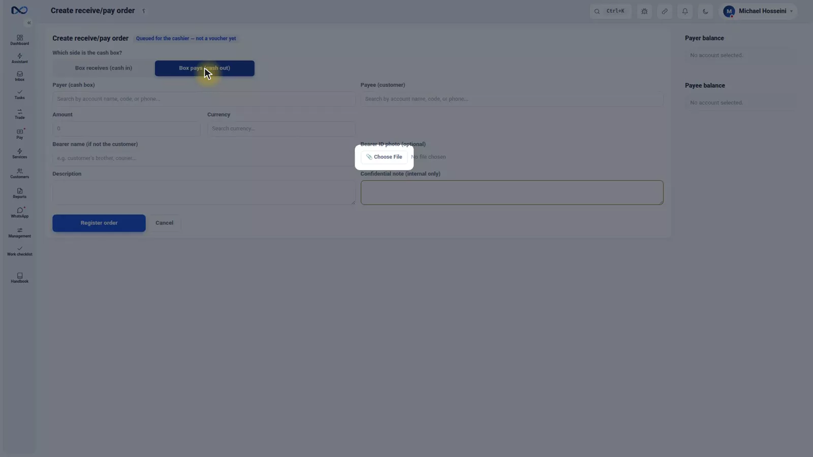 Nexto cashier order form with direction, payer, payee and the bearer name and ID fields
