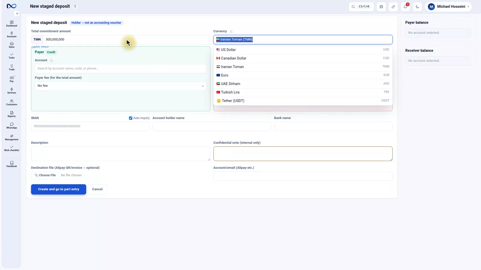 Nexto commitment form with the total promised amount and currency at the top