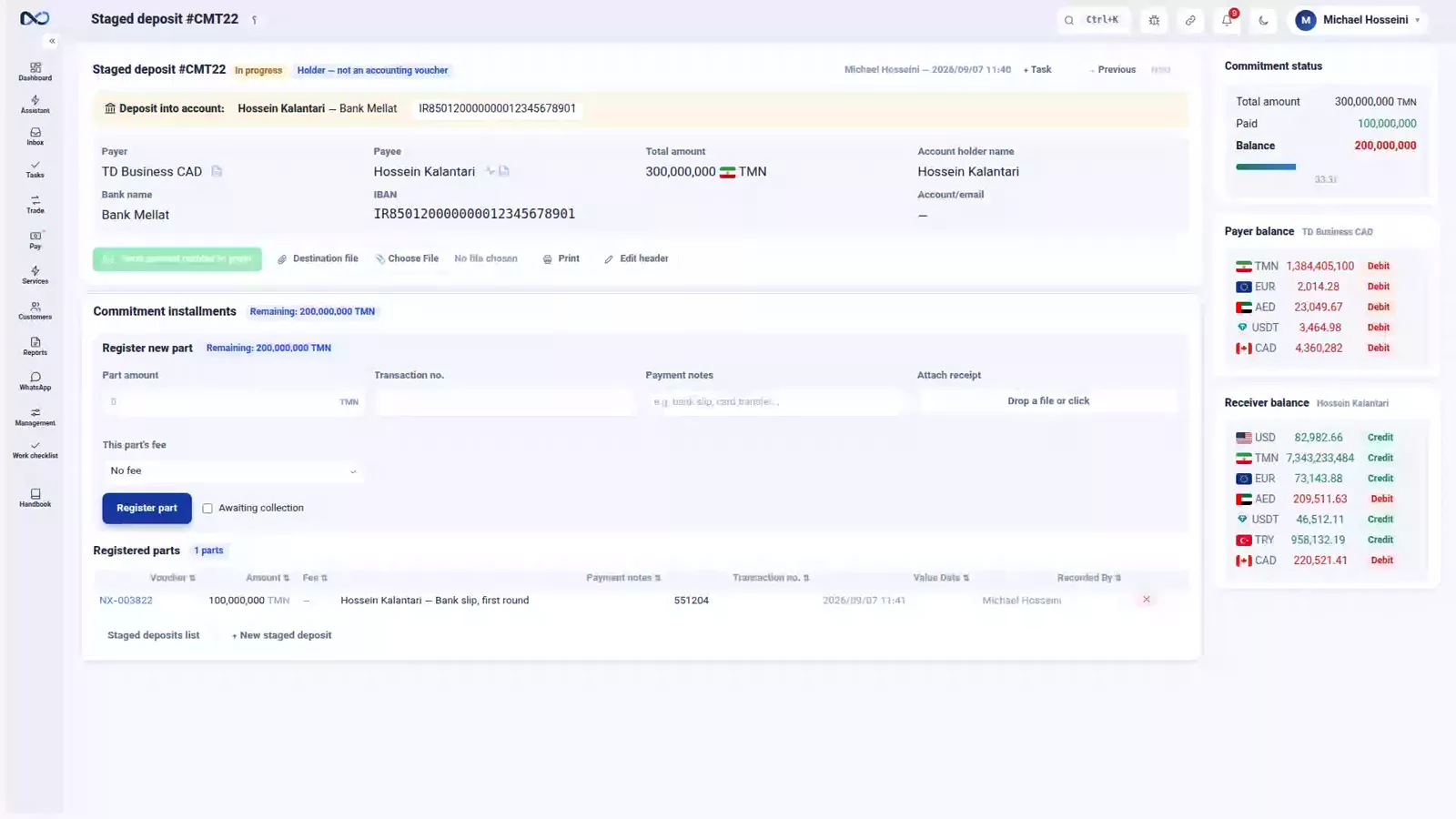 Nexto commitment after registering a part, showing paid and remaining balance updated