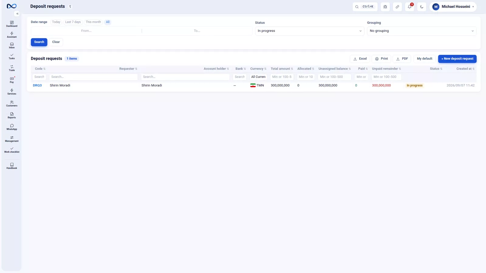Nexto deposit requests list with state, allocated and paid columns