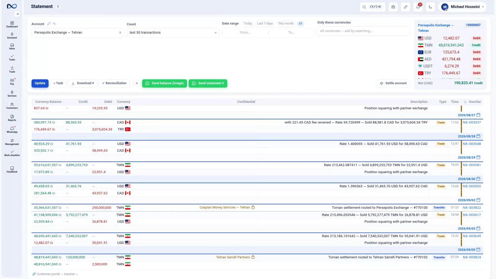 Nexto customer statement showing documents in date order with a running balance