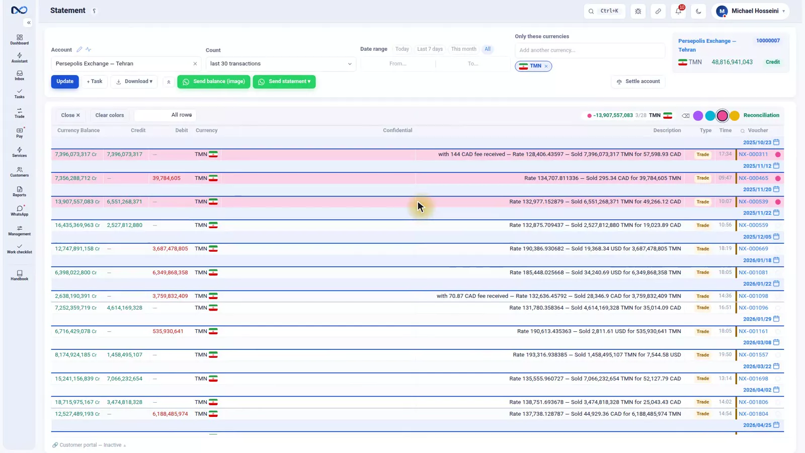 Nexto statement in reconciliation mode with rows marked in colour and a live total per colour