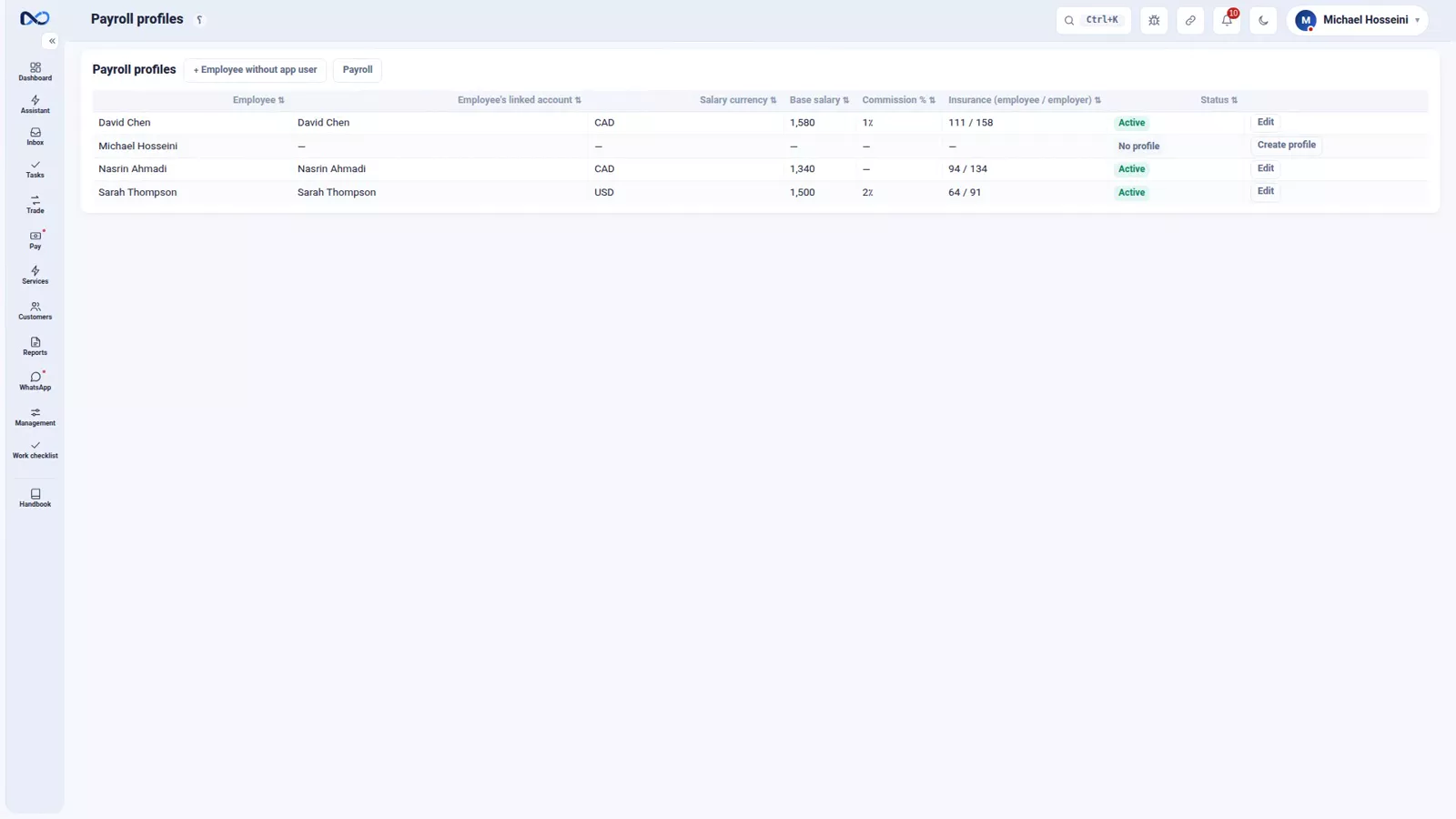 Nexto payroll profile with base salary, salary currency, commission percent and insurance shares