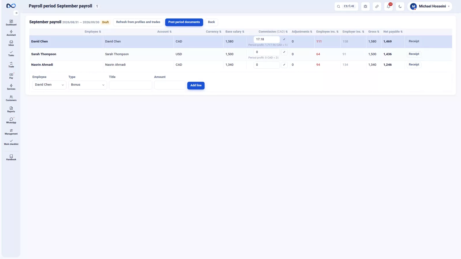 Nexto payroll period built for every active profile with salary and commission per employee
