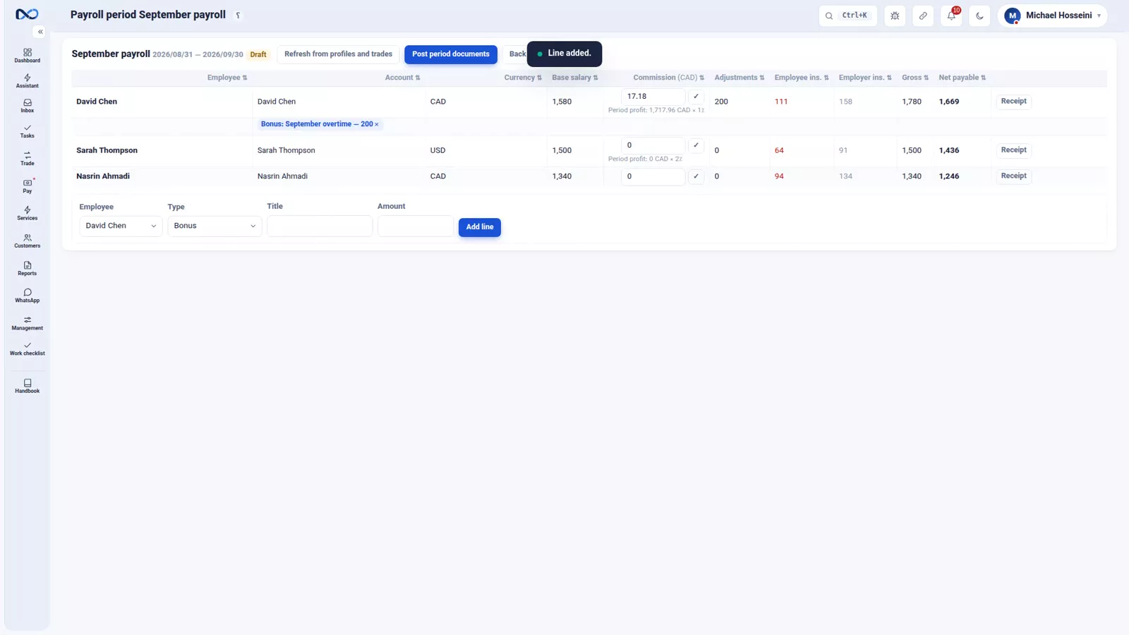 Nexto payroll draft showing base salary, commission, insurance and net payable for one employee