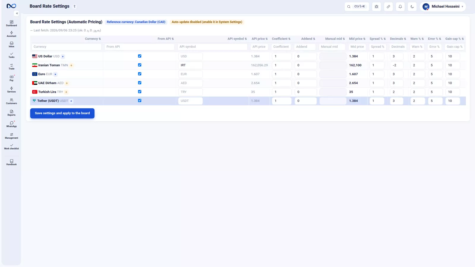 The Nexto board rate settings with a rate source, coefficient, spread and rounding per currency