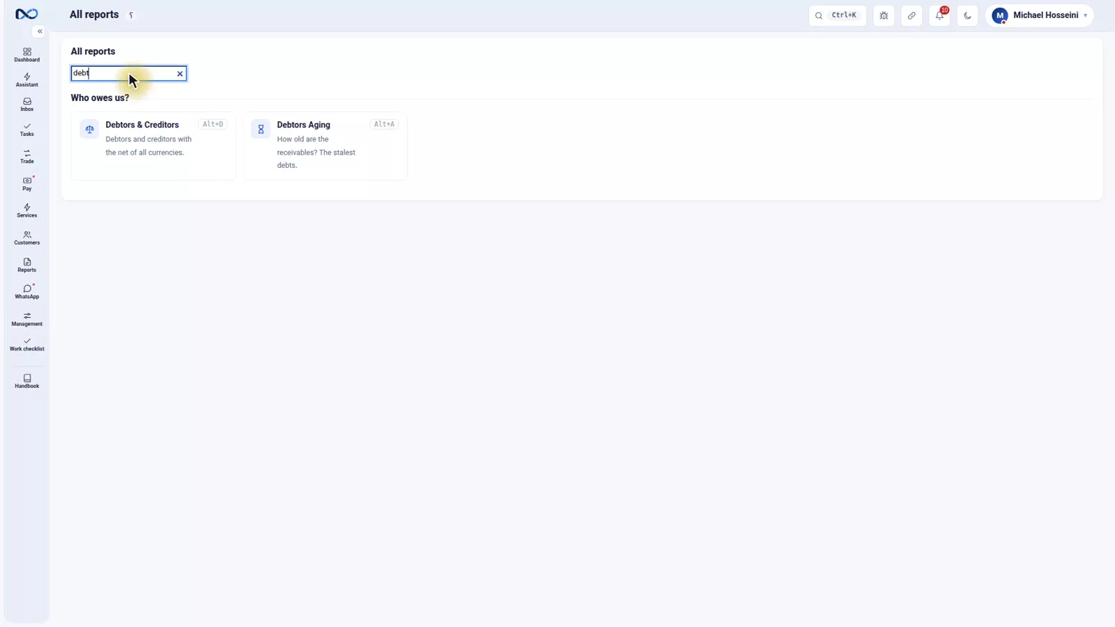 Nexto reports landing page with report cards grouped by question and a live search box