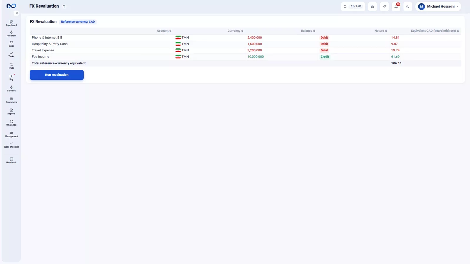 Nexto revaluation preview listing accounts, currency balances and reference-currency equivalents