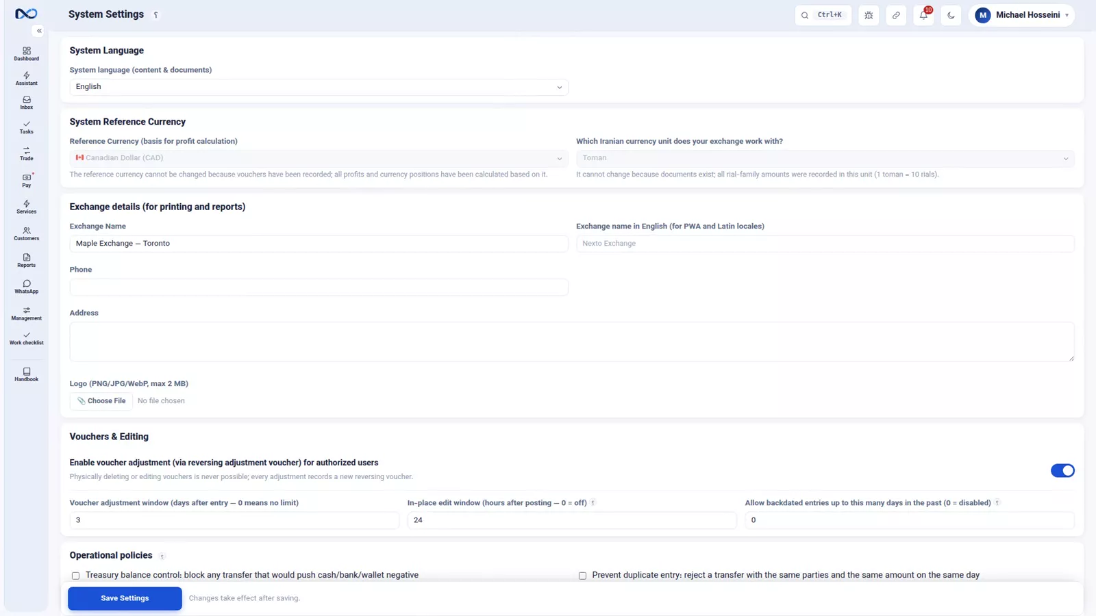 Nexto settings for automatic nightly revaluation with run time, WhatsApp session and manager group