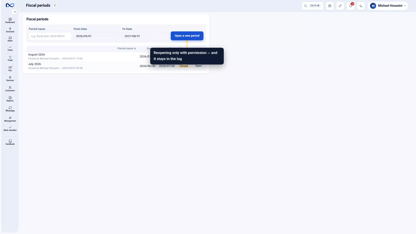 Nexto fiscal periods page with a period being closed and its status changing to closed