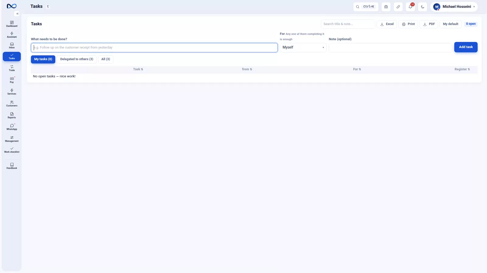 Nexto tasks page with the My tasks, delegated and All tabs