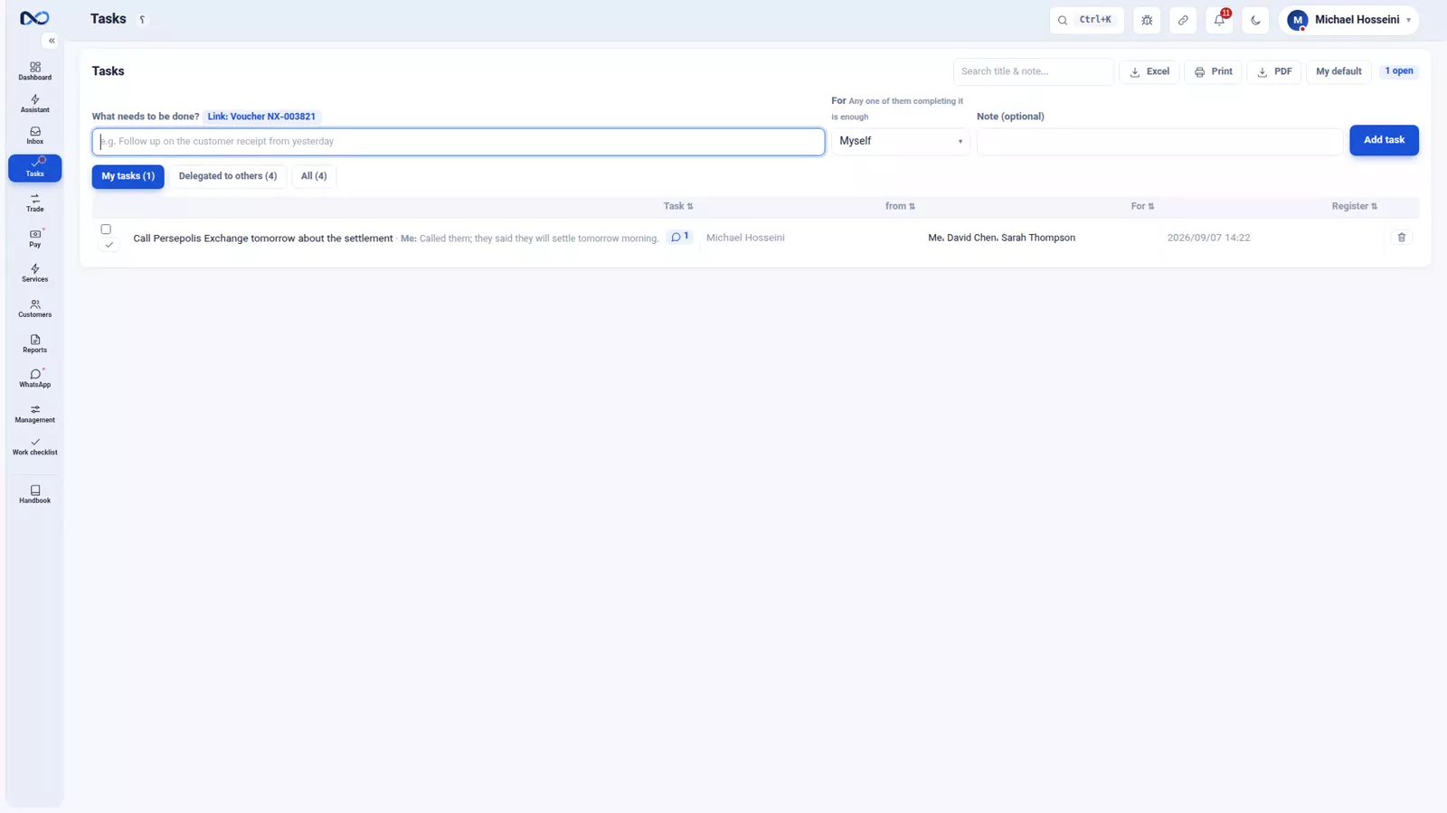 Nexto voucher page showing the plus Task button that opens a task linked to that voucher