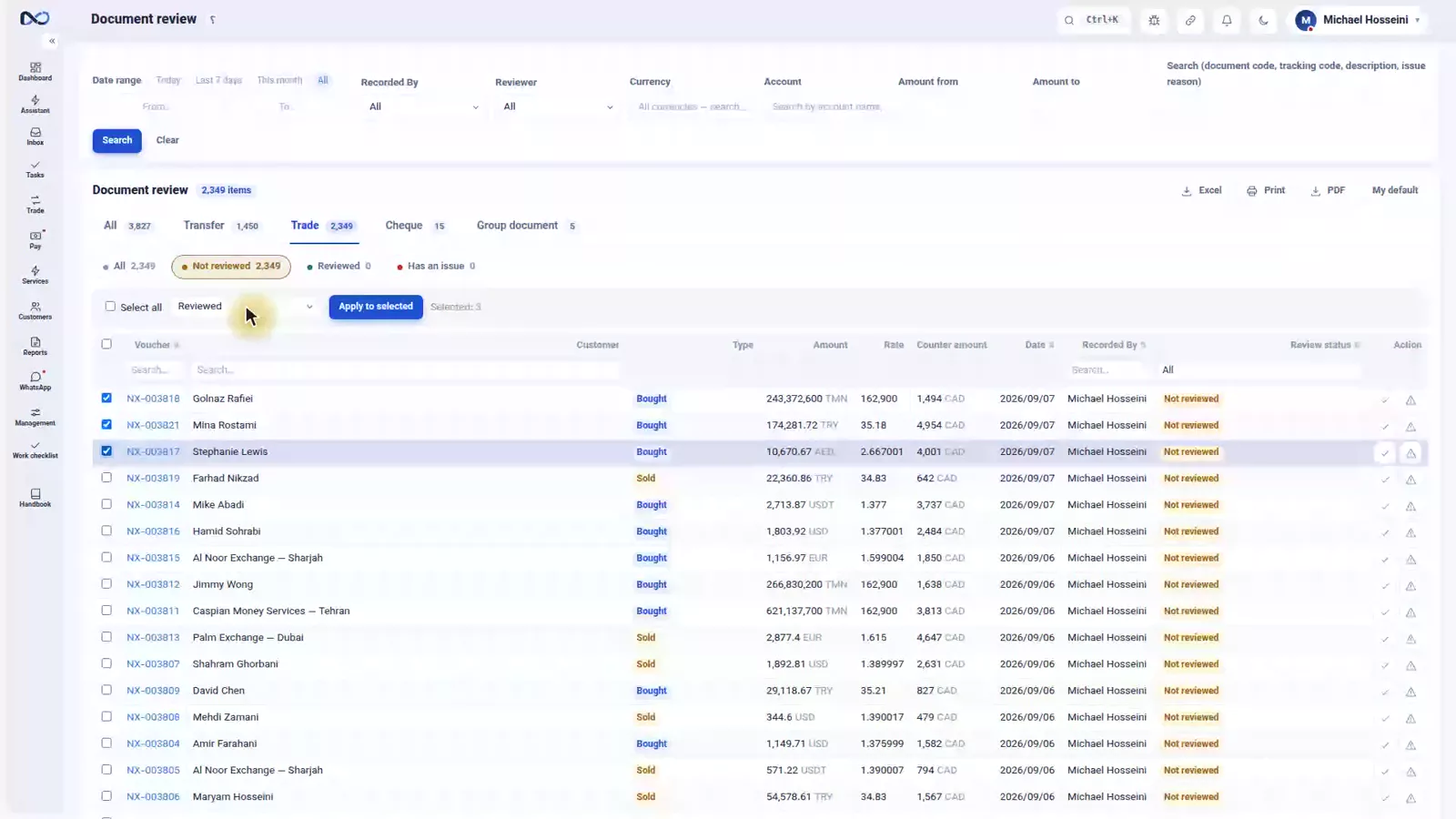 Nexto document review Trade tab with several vouchers ticked for approval in one move