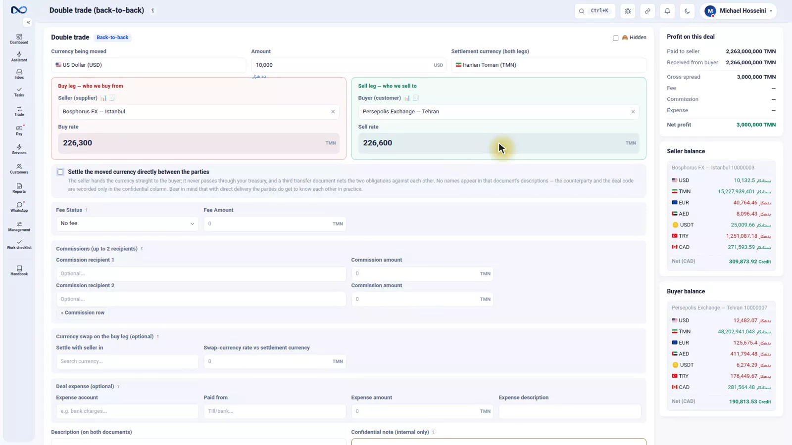 Nexto double trade form with seller, buyer, both rates and a live deal profit panel