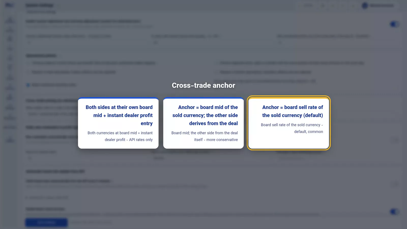 Nexto settings page with the cross-rate anchor method options