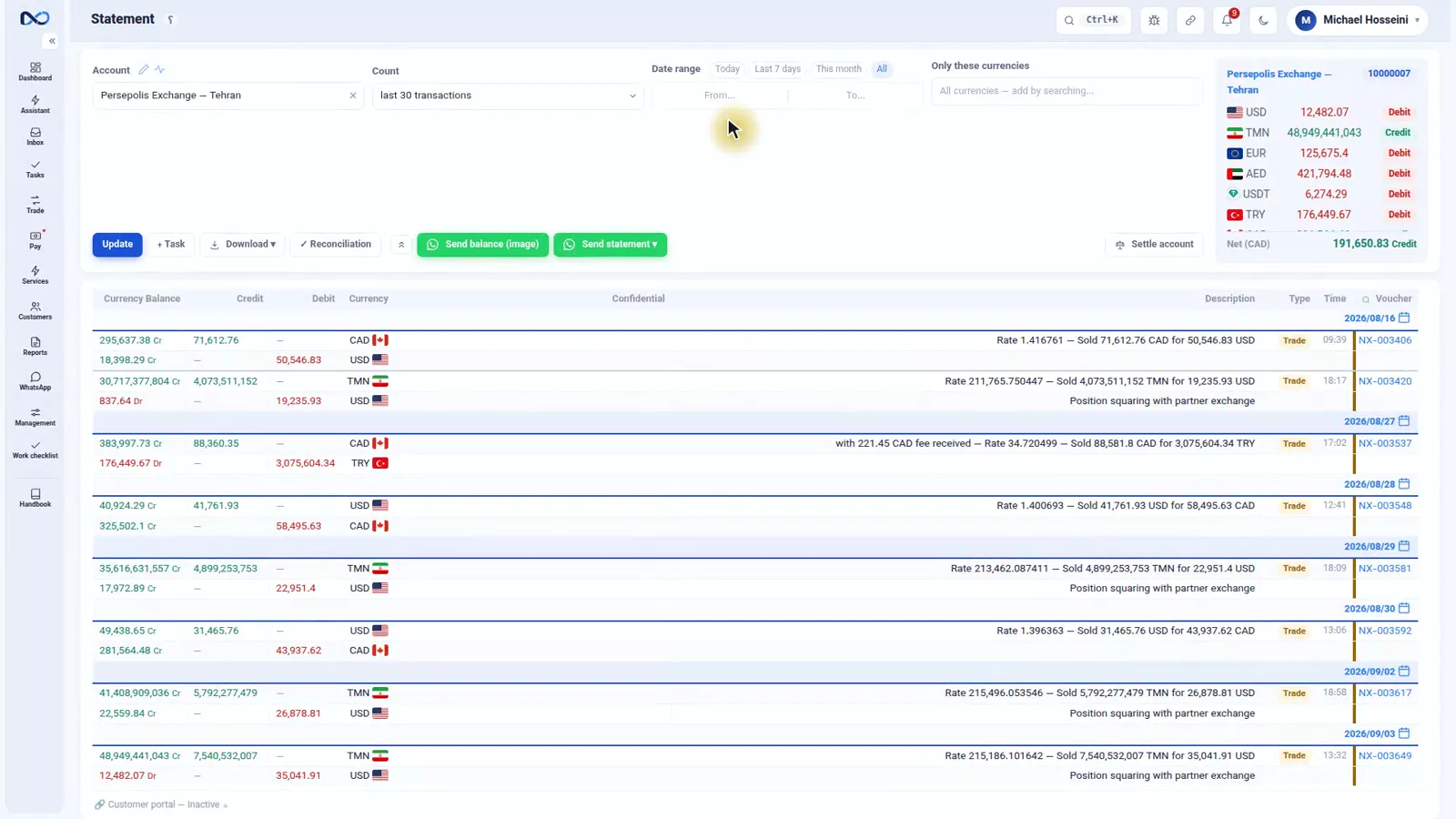 Nexto Ctrl+K command search showing a customer account and a page match while typing