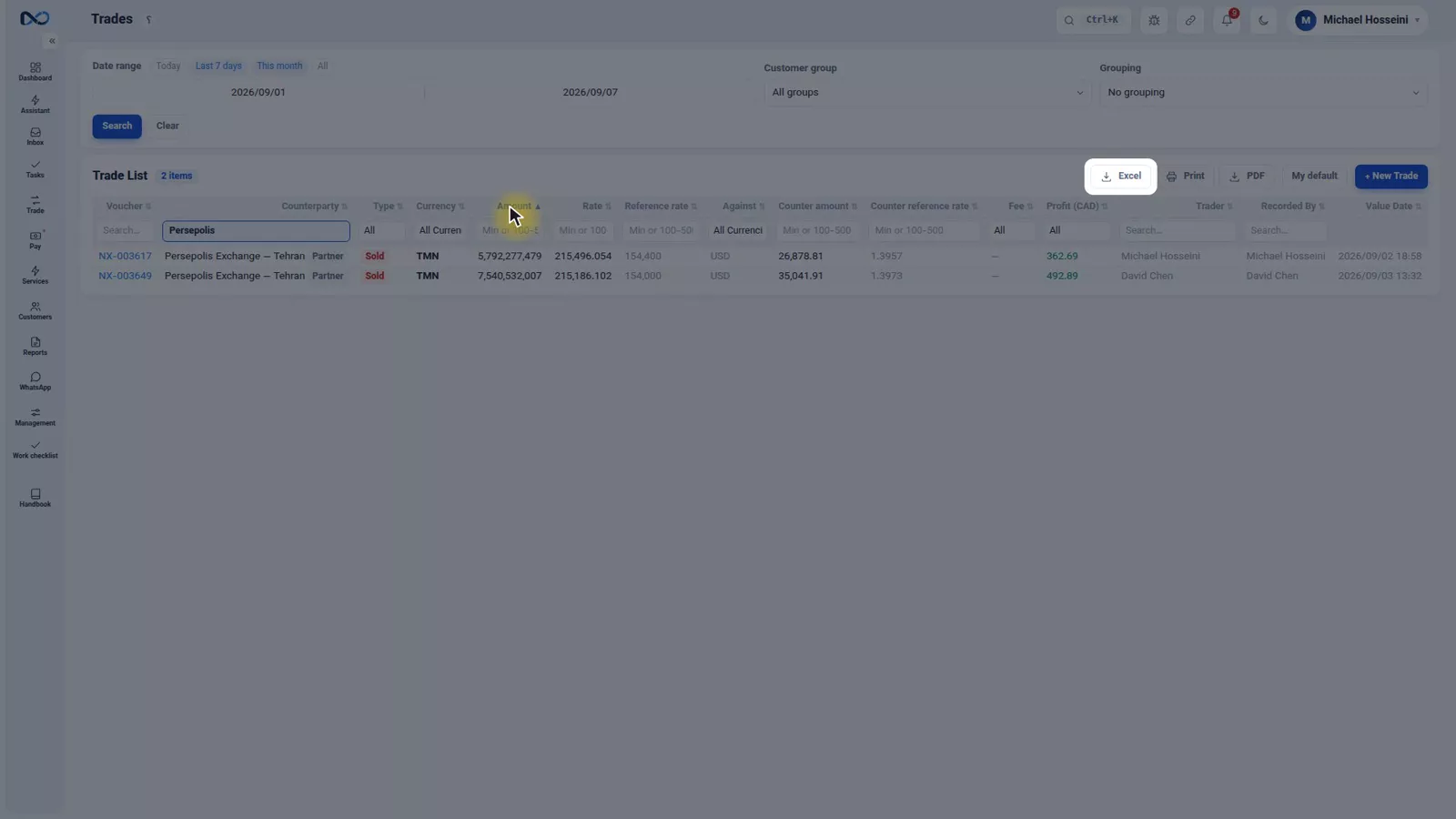 Nexto trades table with the filter bar, a column filter applied and the Excel and PDF export buttons