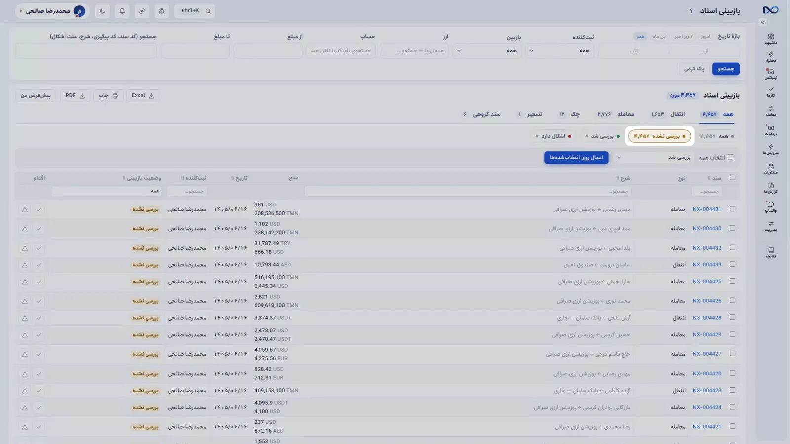 صفحهٔ بازبینی اسناد در نکستو با وضعیت بررسینشده، بررسیشده و اشکالدار
