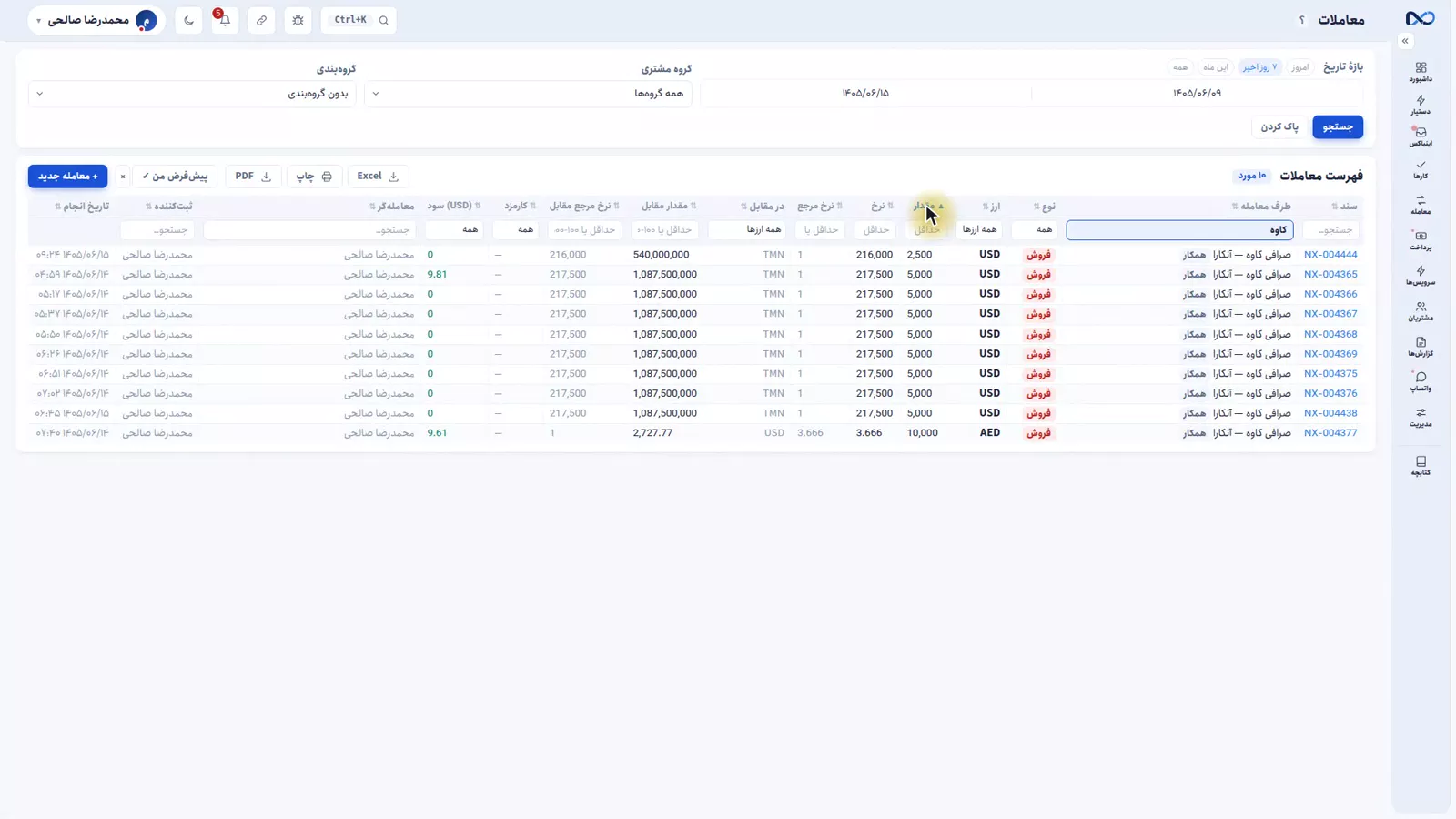 جدول معاملات در نکستو با فیلتر بالای صفحه و فیلتر ستونی زیر سرستون‌ها