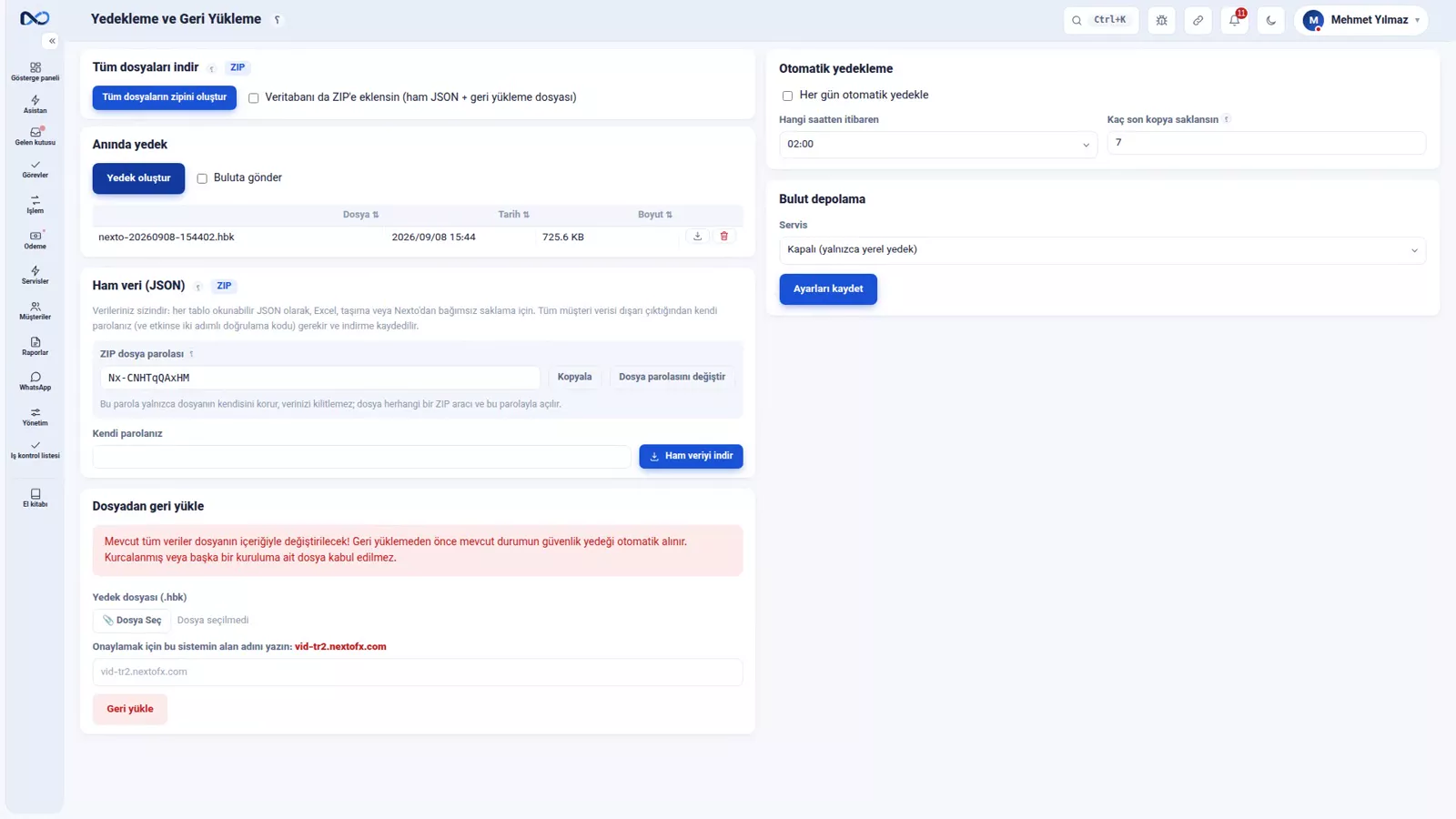 Her şeyin parola korumalı tek bir JSON dışa aktarımını sunan Nexto ham veri kartı