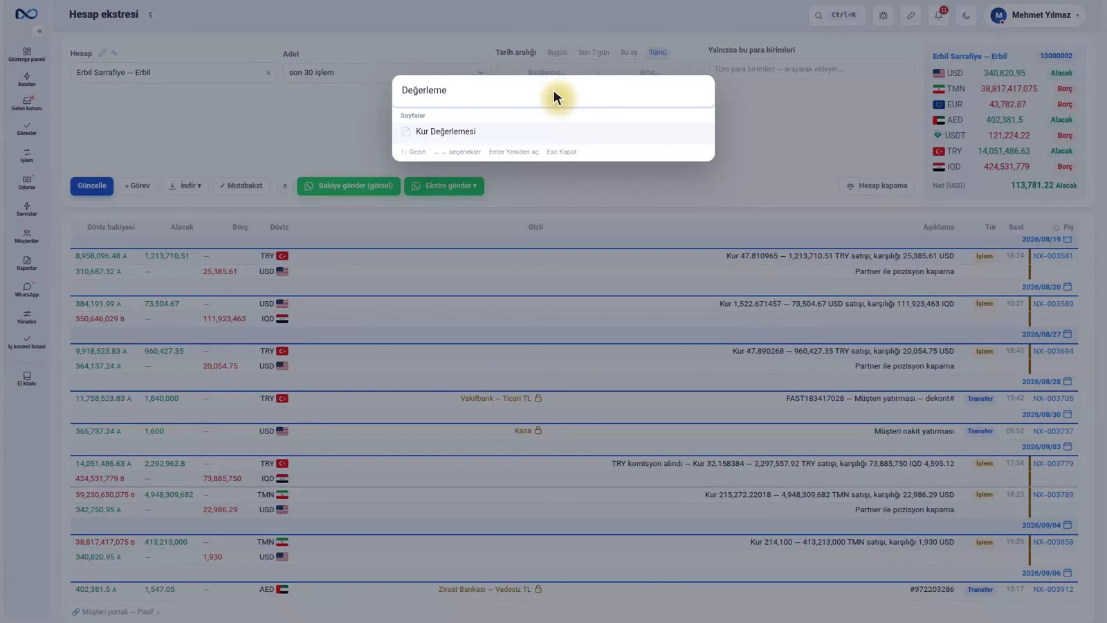 Yazarken bir müşteri hesabını ve bir sayfa eşleşmesini gösteren Nexto Ctrl+K komut arama kutusu